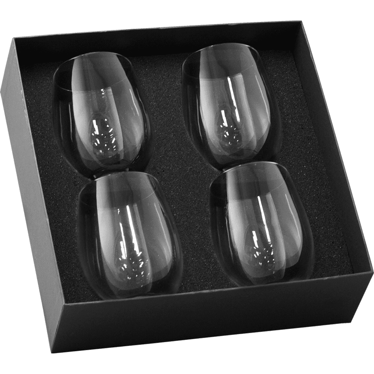 A wine glass set featuring four clear stemless glasses, presented in a sleek black box.