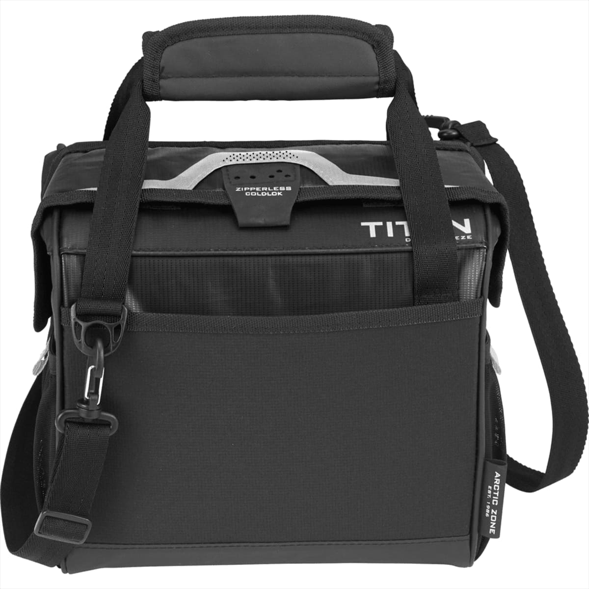 A black lunch cooler with a sturdy handle and adjustable strap, featuring a branded logo on the front.