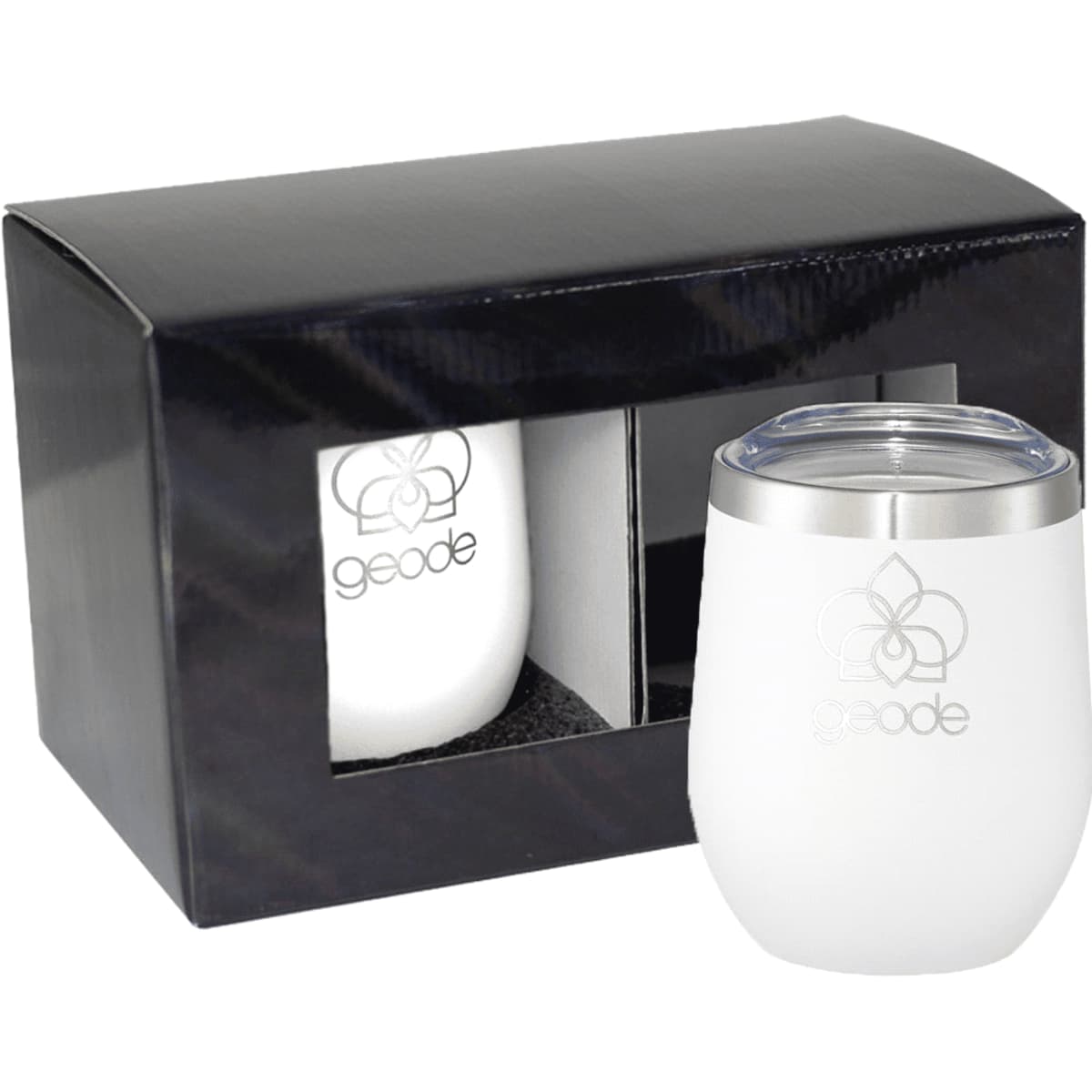 A gift box containing two white drinkware pieces with a silver lid and a logo. The box is black with a clear display window.