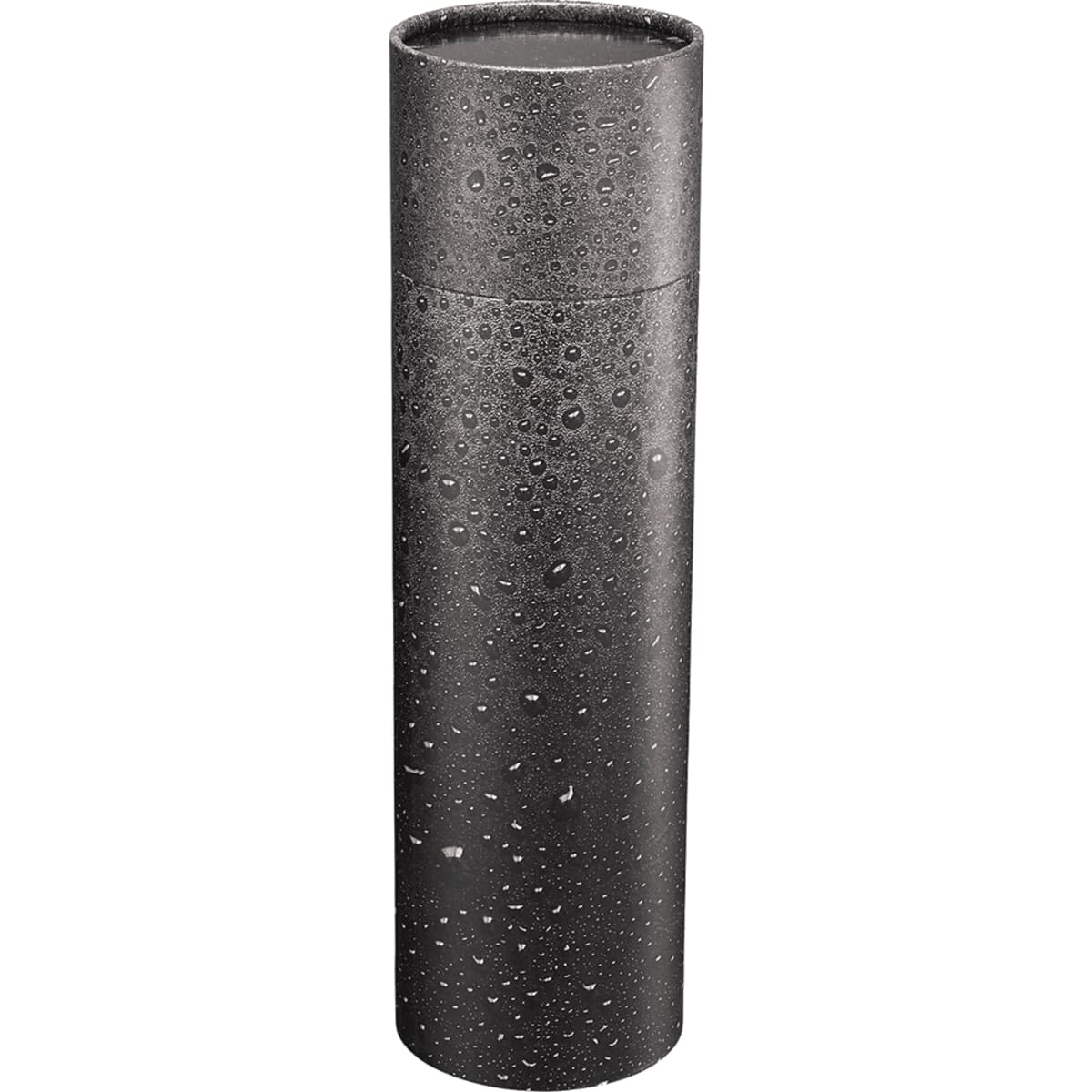 A drink bottle in a sleek black tube gift box, featuring a textured surface with water droplets.