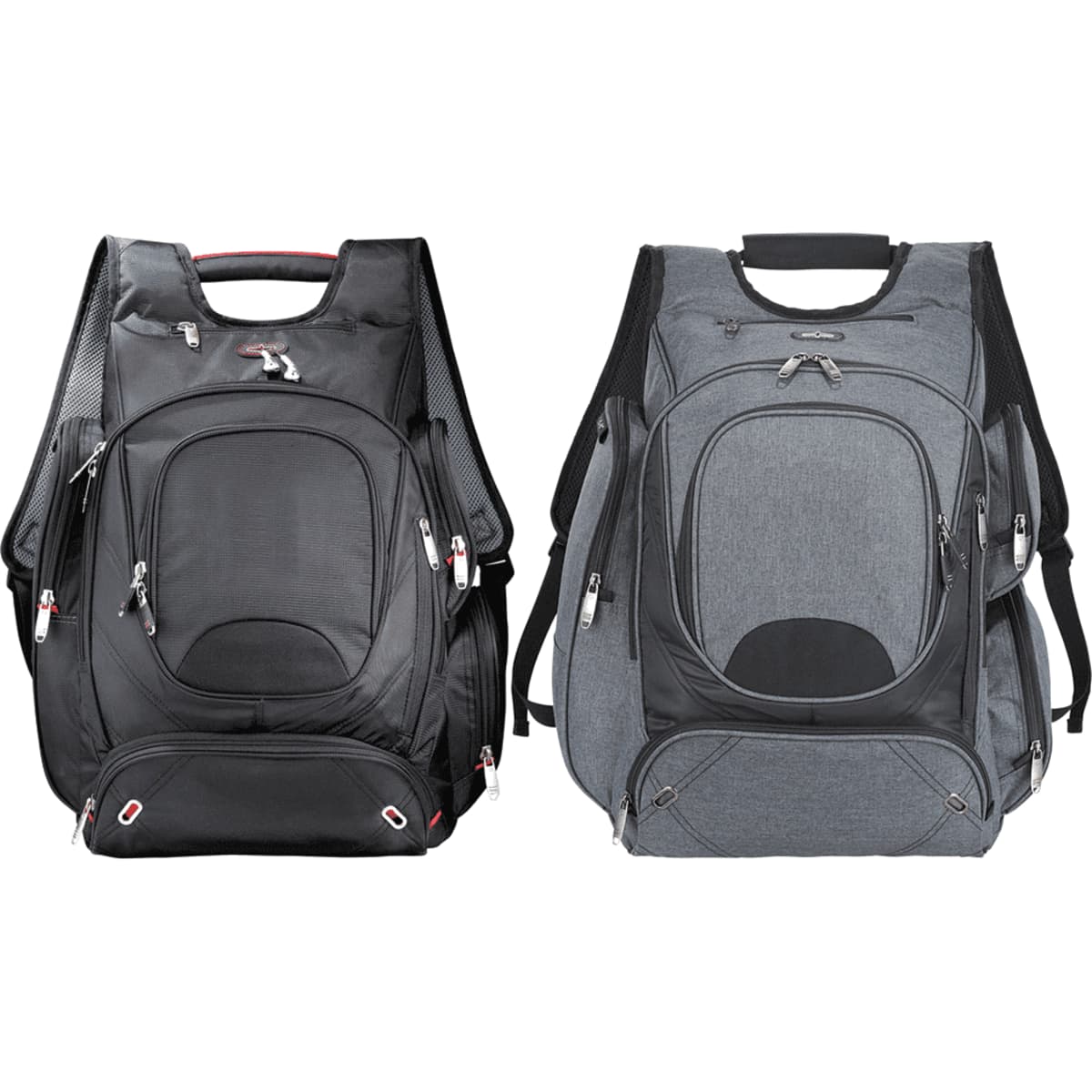 Two backpacks are displayed side by side: one in black and the other in grey, both featuring multiple zippers and compartments.