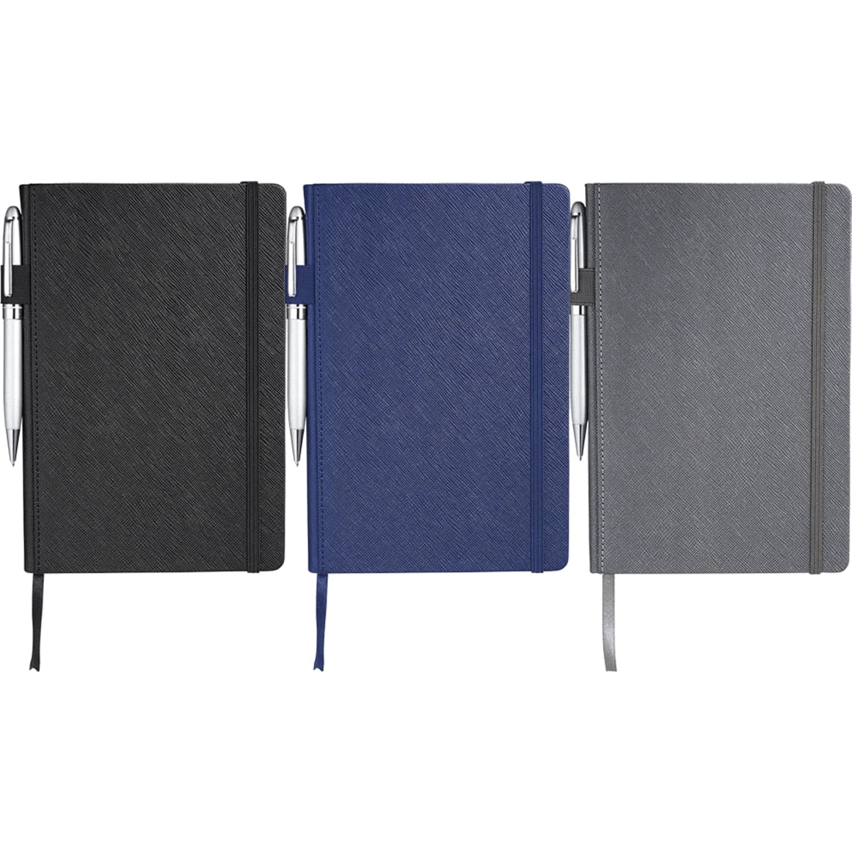 Three notebooks in black, blue, and grey with elastic closures and pens attached. Each has a textured finish.