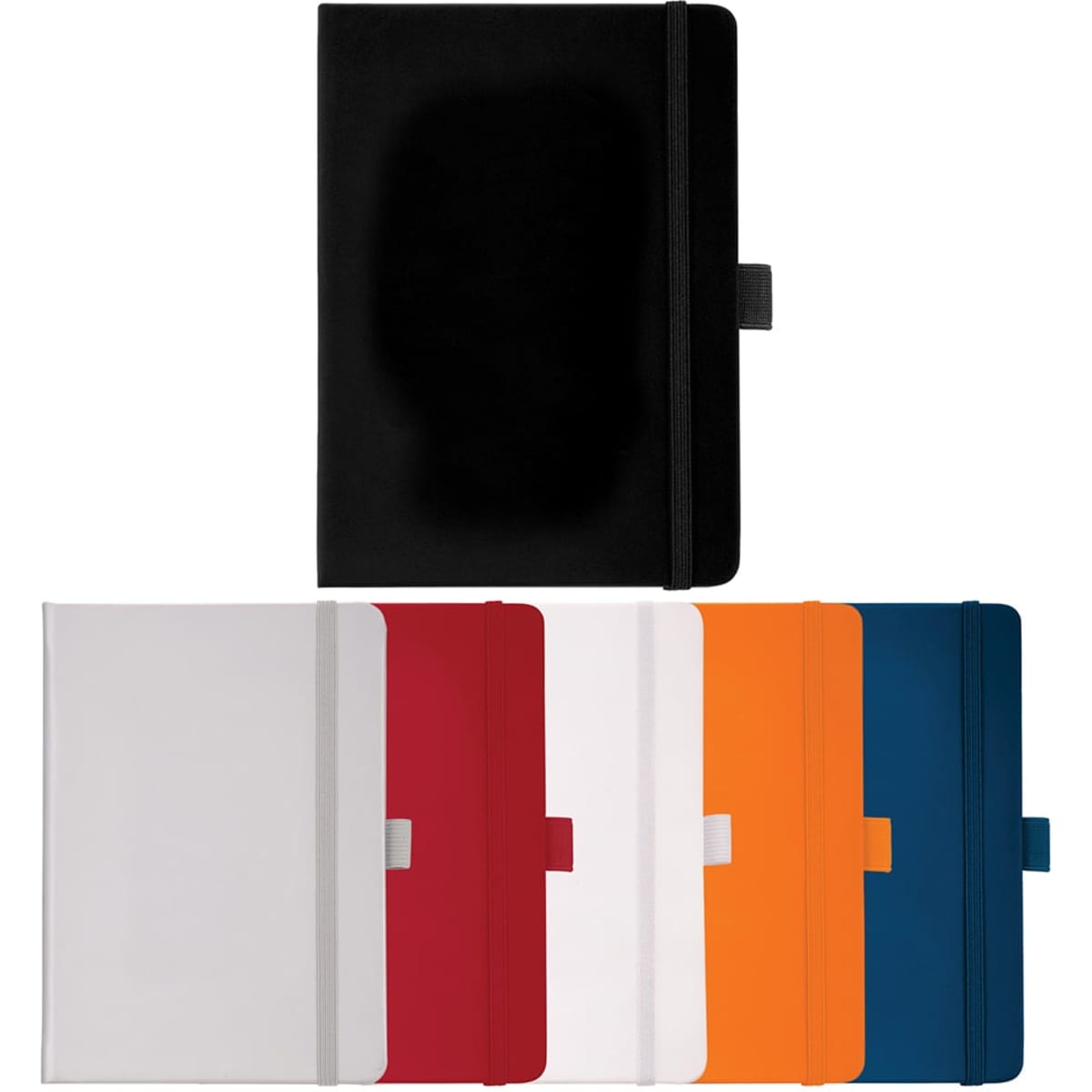 A collection of Vienna Hard Bound JournalBooks in black, white, grey, red, orange, and blue, featuring a logo.