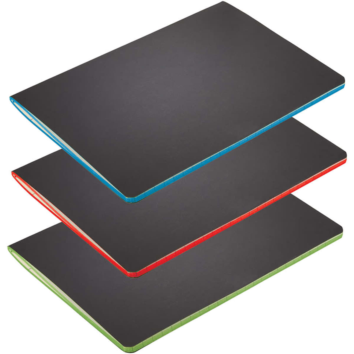 Three Colour Pop Saddlestitch JournalBooks with black covers and coloured edges in blue, red, and green.