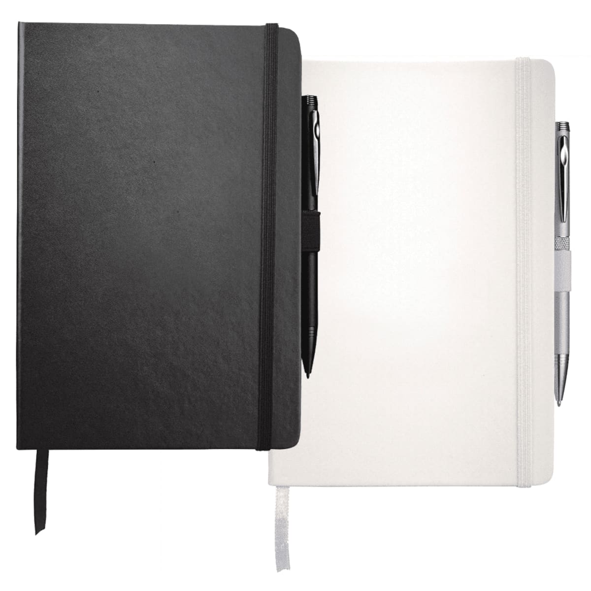 Two Nova Bound JournalBooks with blank pages, one black and one white, each with a pen attached.