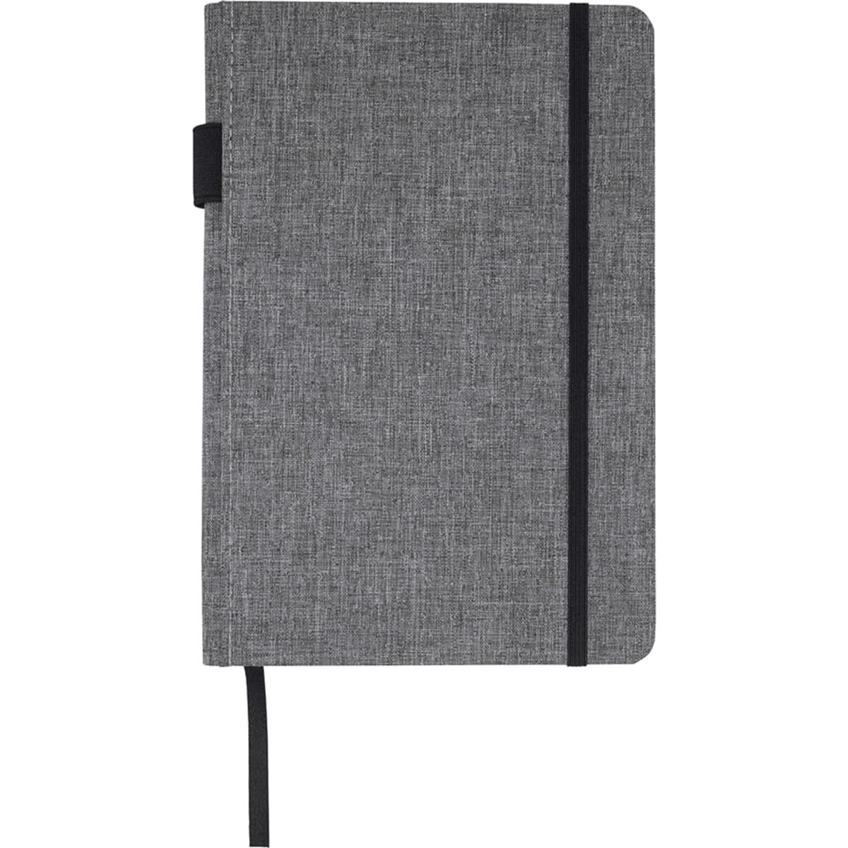 A grey A5 notebook with a textured cover, elastic band closure, and ribbon bookmark. It features a logo.