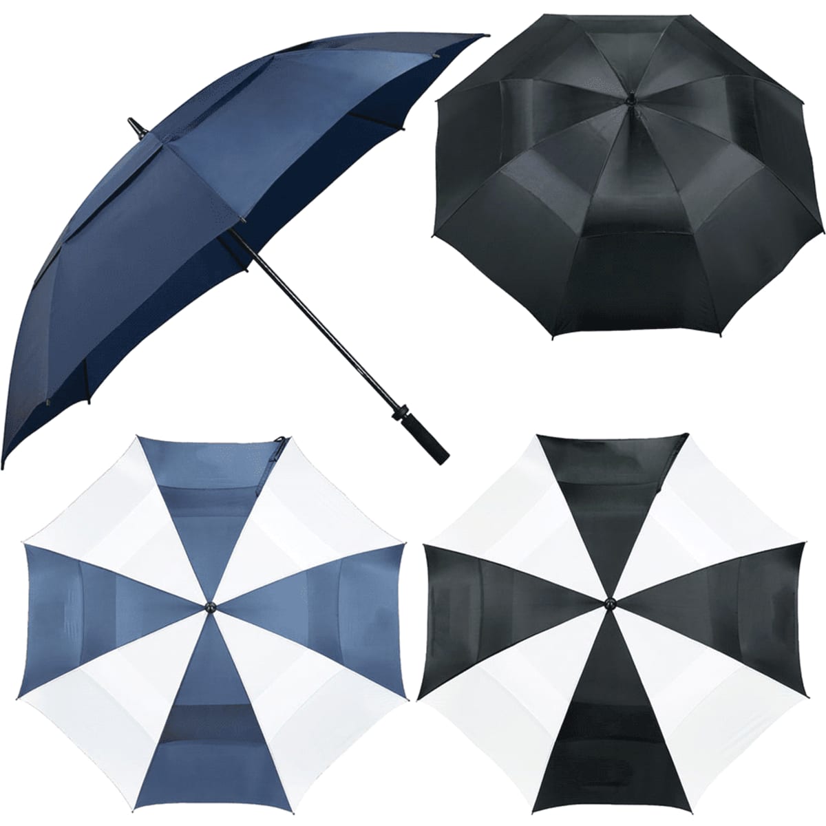 A collection of four golf umbrellas in navy blue, black, and a black-and-white design, featuring a logo on the handles.