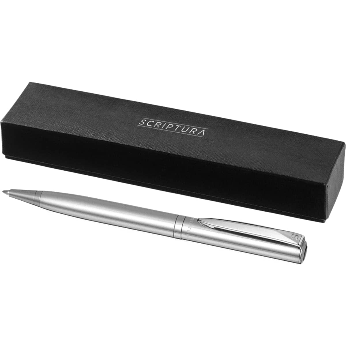 A silver metal ballpoint pen with a sleek design, placed next to a black gift box featuring a logo.