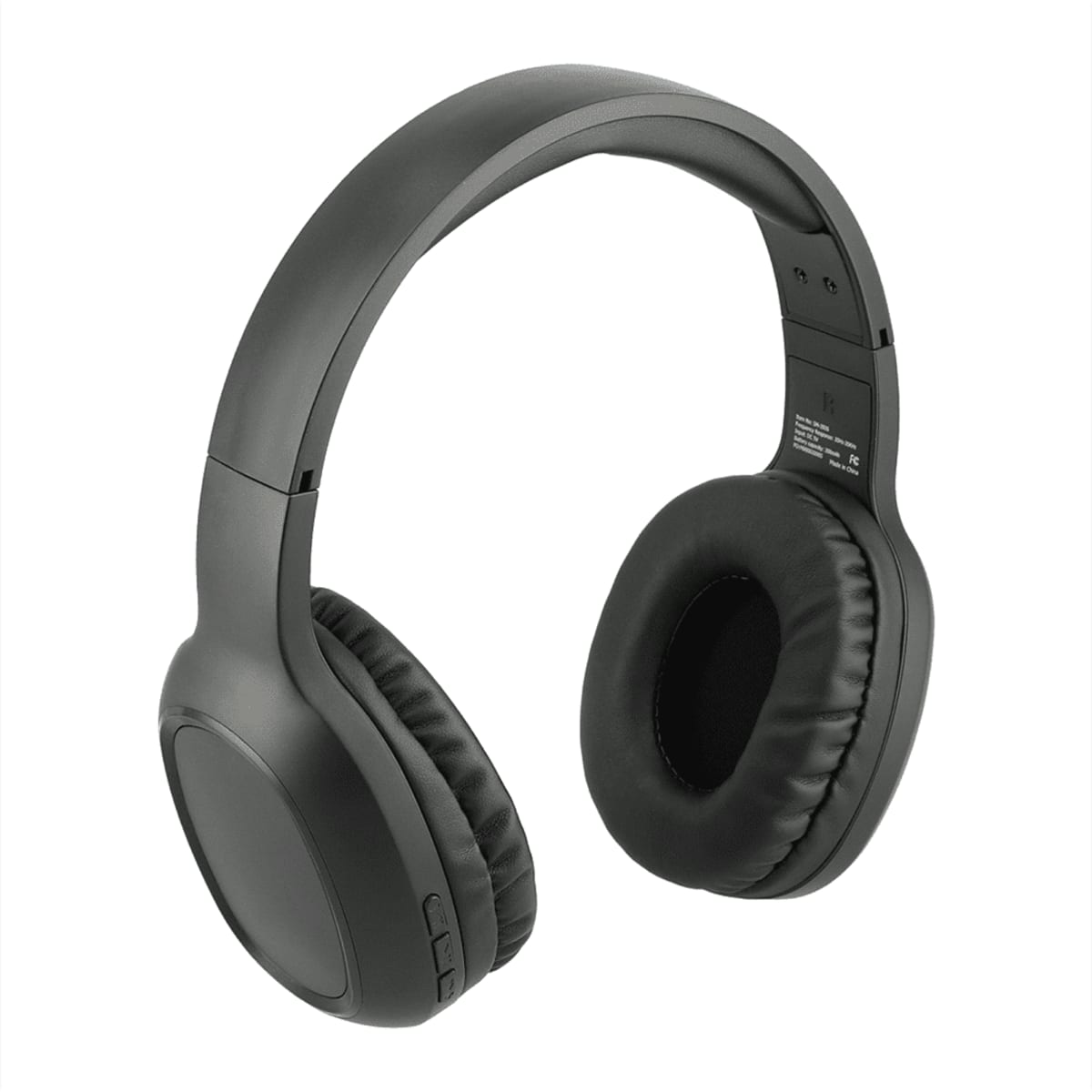 Black Bluetooth headphones with soft ear cushions and adjustable headband, featuring a simple design and a logo.