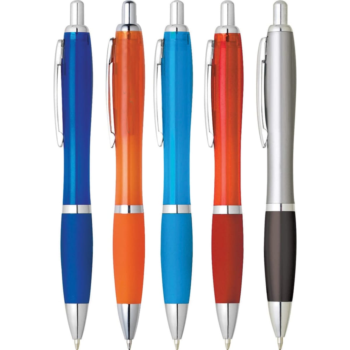 A collection of five plastic pens in blue, orange, turquoise, red, and silver, featuring a branding logo on each.
