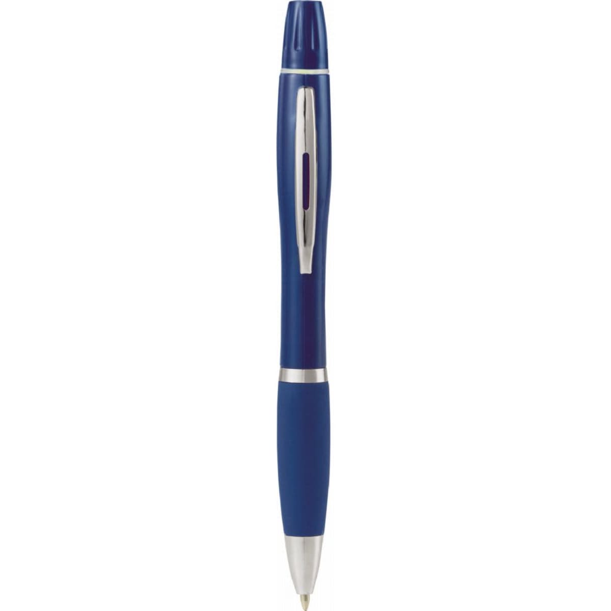 A navy blue pen-highlighter with a silver clip and accents, featuring a sleek design and a logo on the barrel.