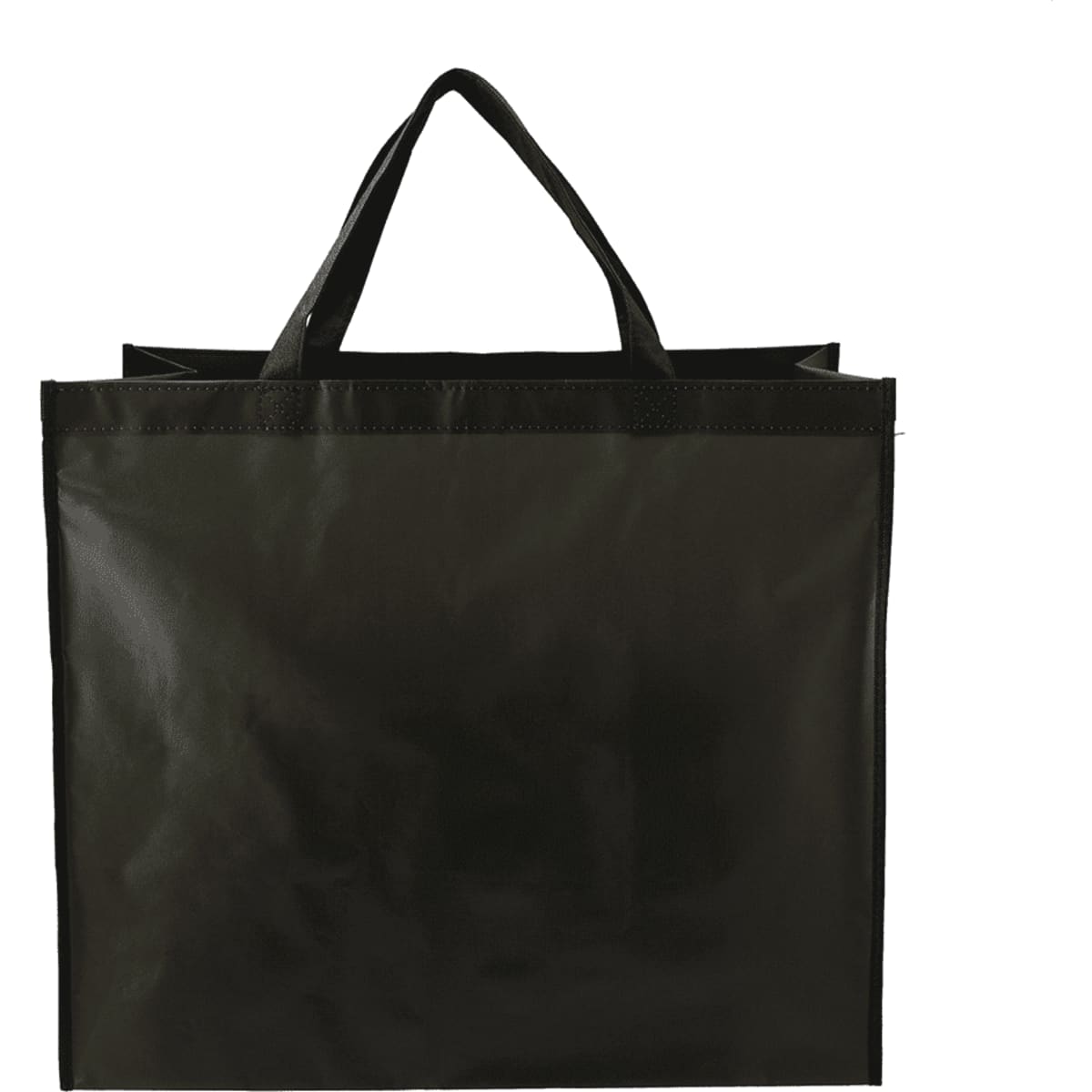 A large, double laminated, wipeable tote bag in black with two sturdy handles and a simple design.
