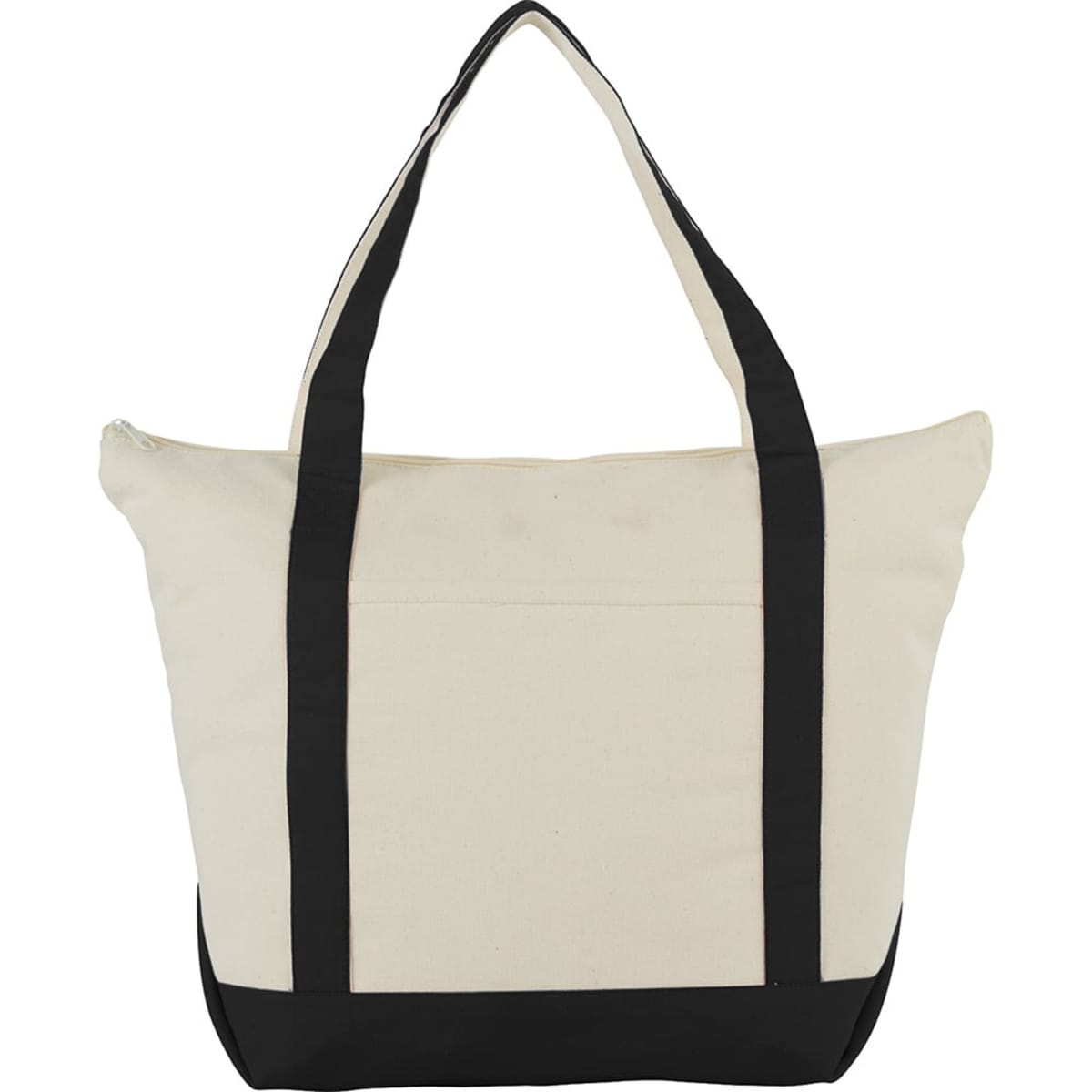 A zippered cotton tote bag in beige and black with dual handles and a front pocket. It features a logo.