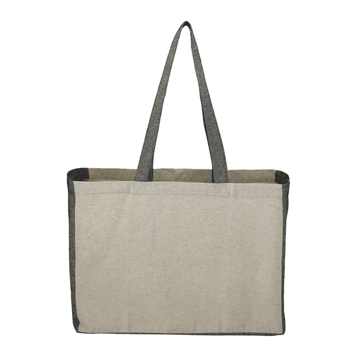 A recycled cotton tote bag in beige with grey contrast sides and long handles. Features an exterior pocket.