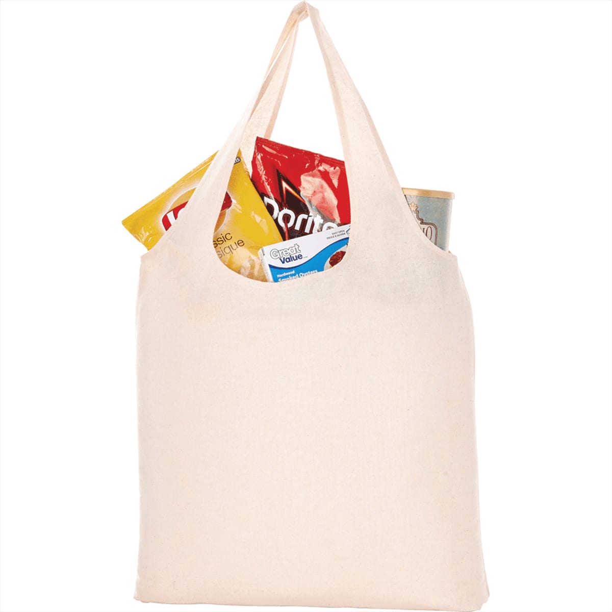 A cream-coloured canvas tote bag filled with snack items, featuring a logo.
