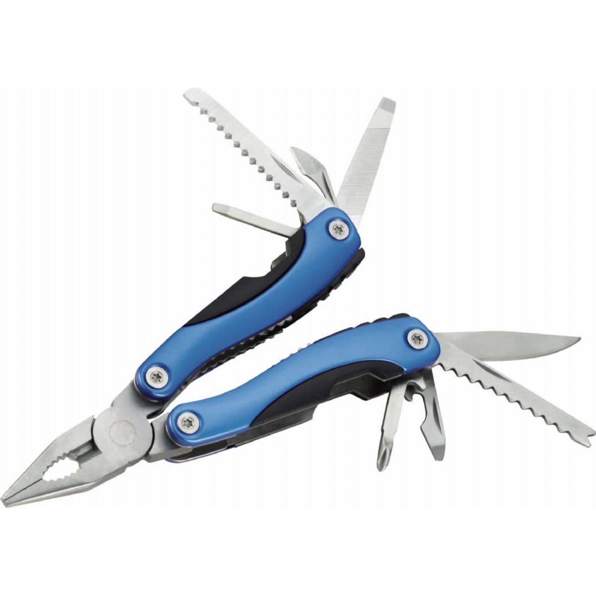 A blue and black multi-tool featuring pliers, various blades, and additional functions, with a compact design.