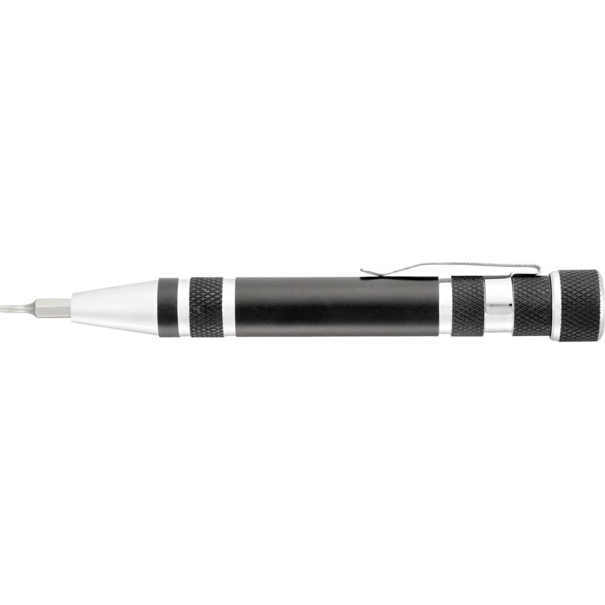 A black and silver multi-tool featuring a screw driver, with a textured grip and clip. It also includes a logo.