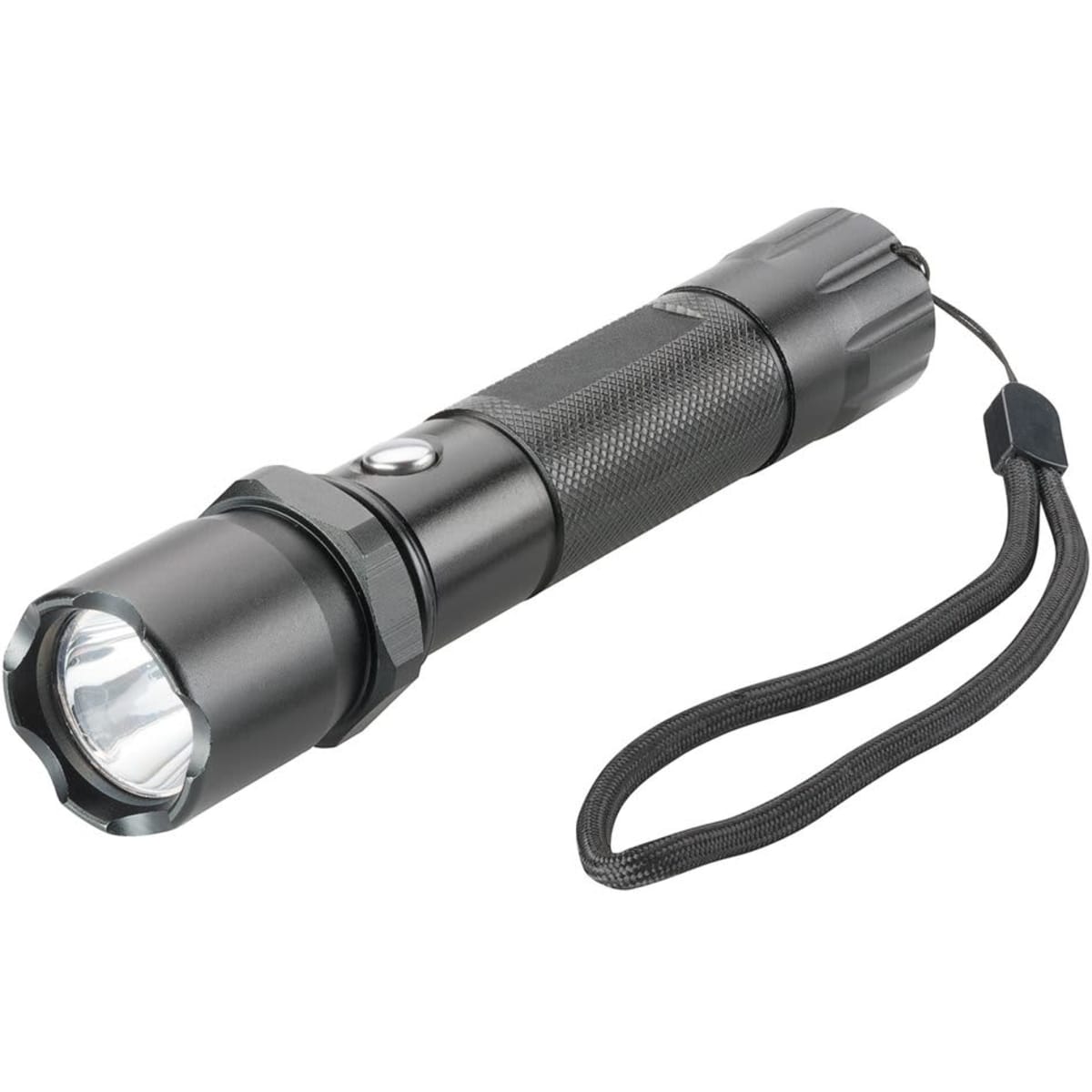 A black flashlight with a textured grip, featuring a wrist strap and bright front light.