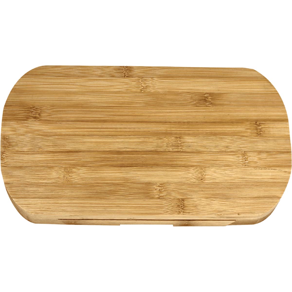 A bamboo cheese board set with a polished finish, featuring an oval shape and a branding logo.