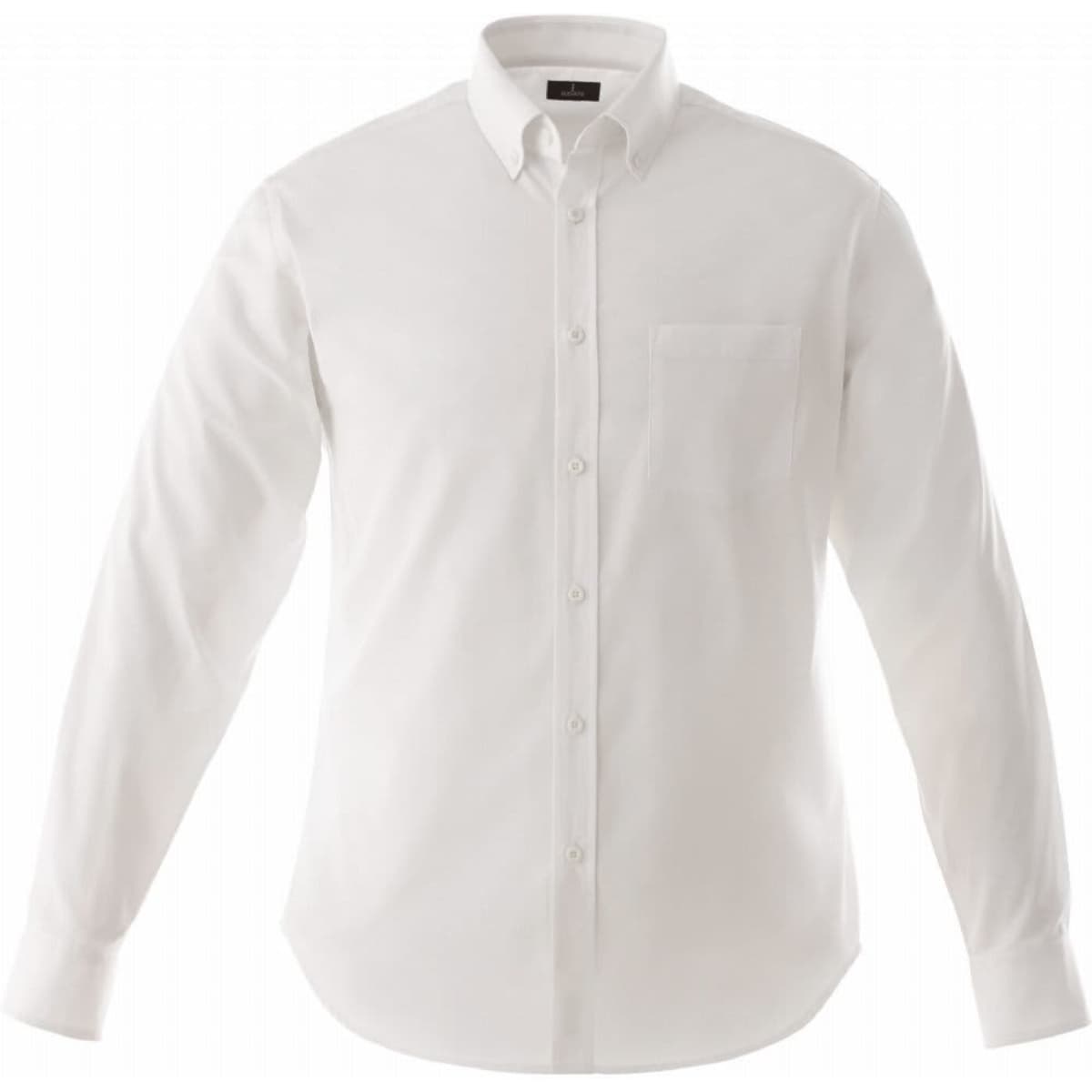 A white long sleeve button-up shirt for men with a chest pocket and a collar. It features a logo.