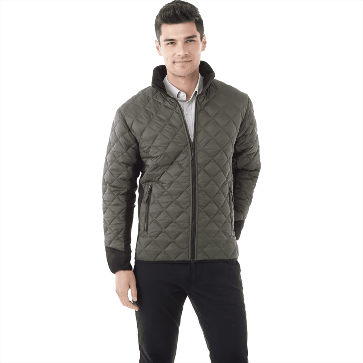 A men's insulated jacket in olive green with a quilted pattern and a black collar, featuring a logo.
