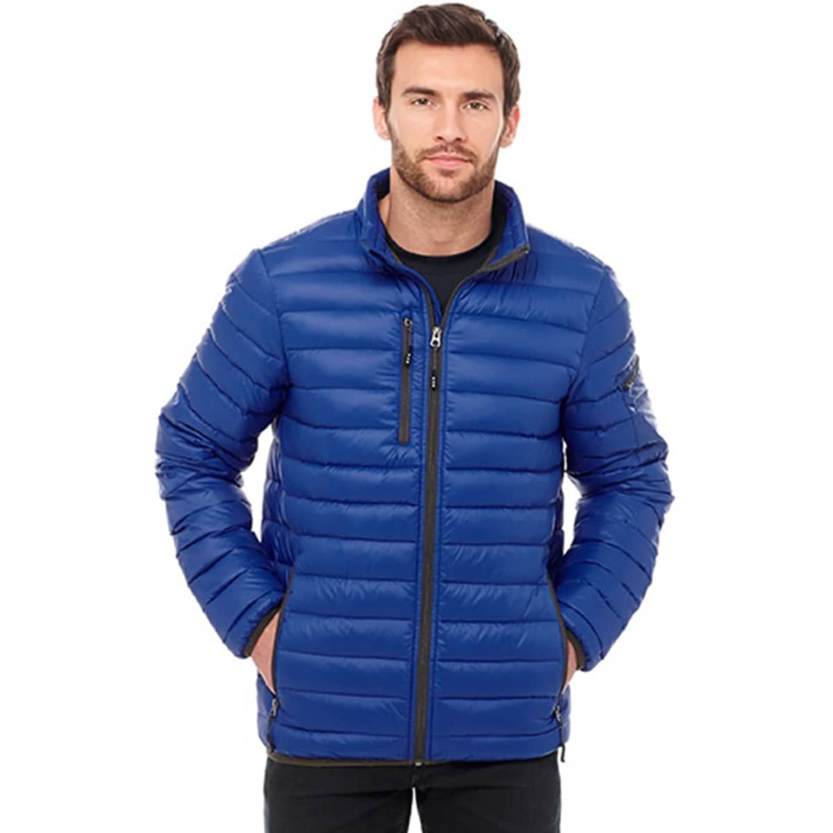 A blue puffer jacket for men featuring a zip front and branding on the sleeve.