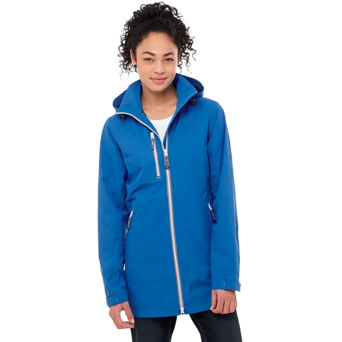 A blue women's rain jacket featuring a zippered front, a hood, and a logo on the chest.