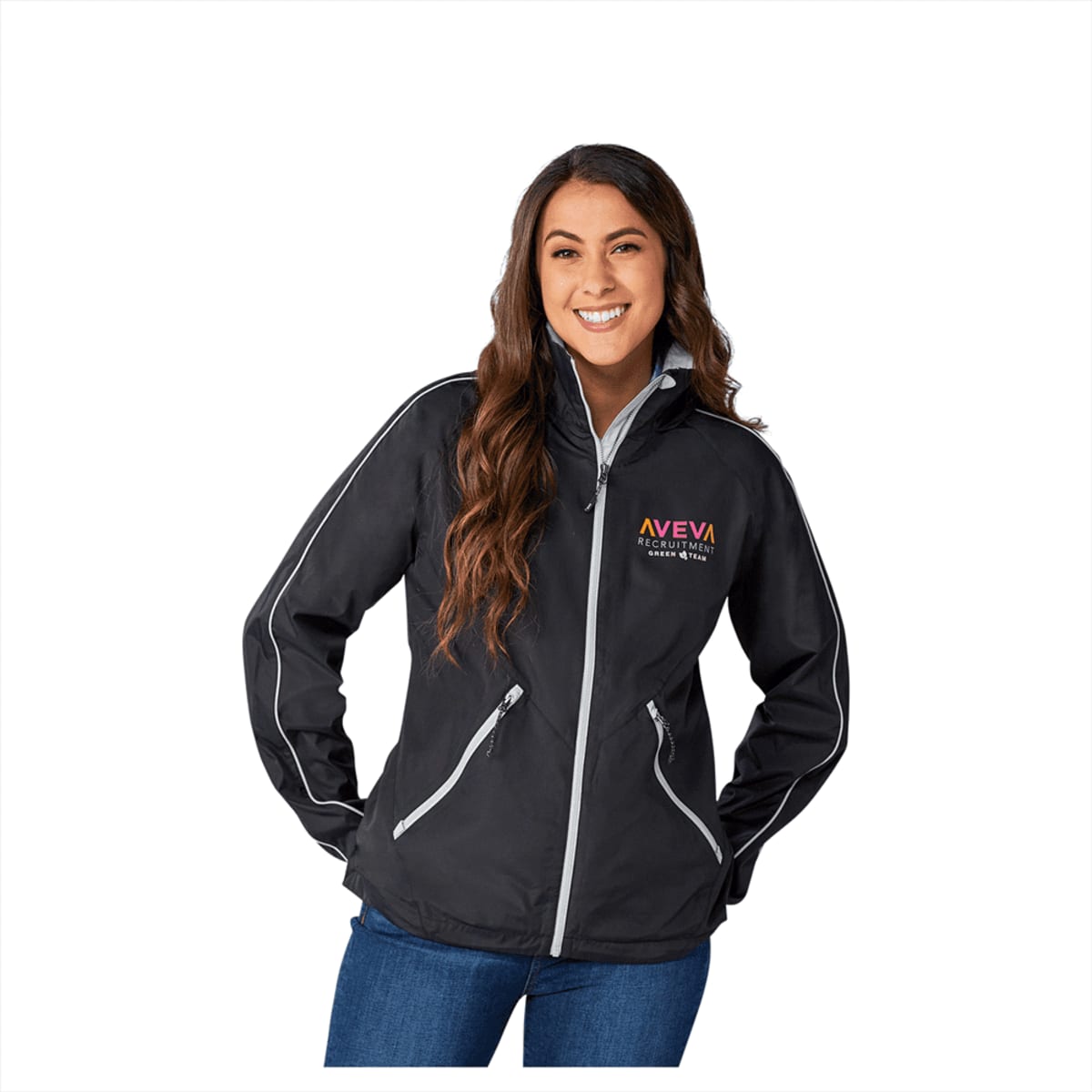 A woman in a black eco-friendly packable rain jacket with a logo, featuring zippered pockets and reflective details.