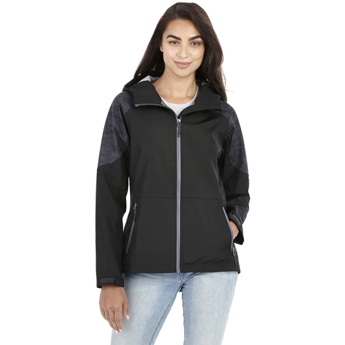 A women's softshell jacket in black, featuring a zip front, hood, and contrasting panel details.