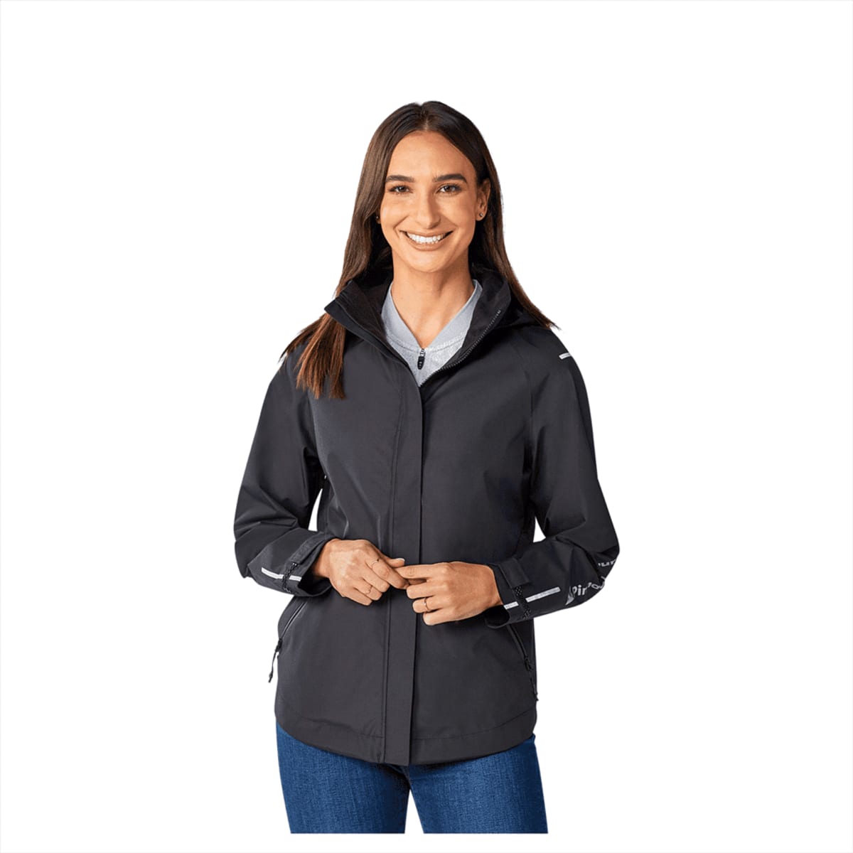 A women's black softshell jacket with pockets and a hood, featuring a branding logo.