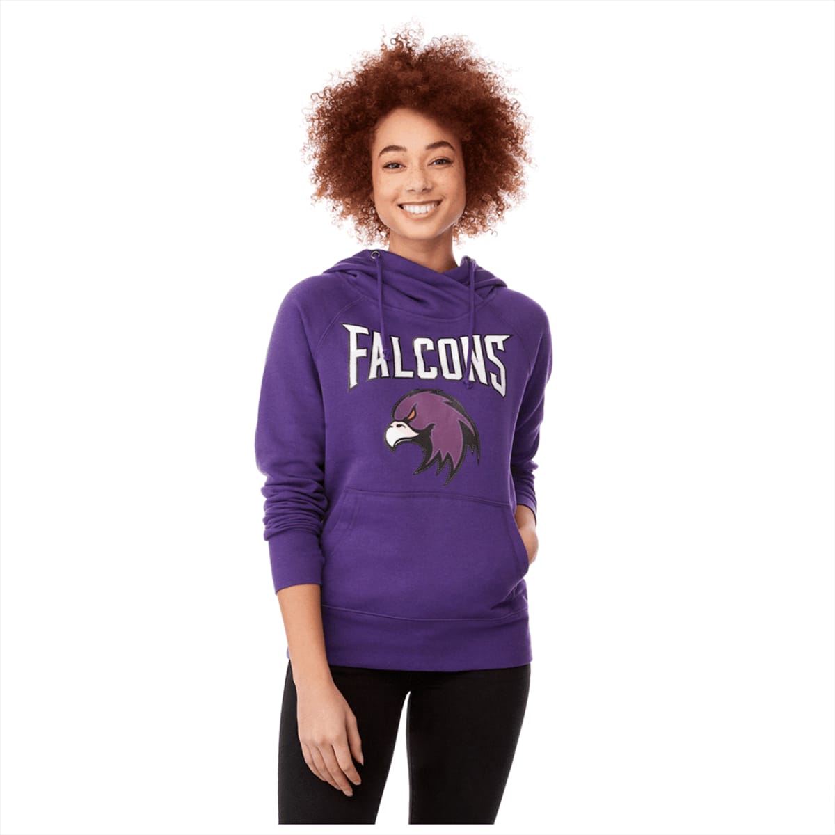A purple women's fleece hoody featuring a hood and a logo. The model has curly hair and is smiling.