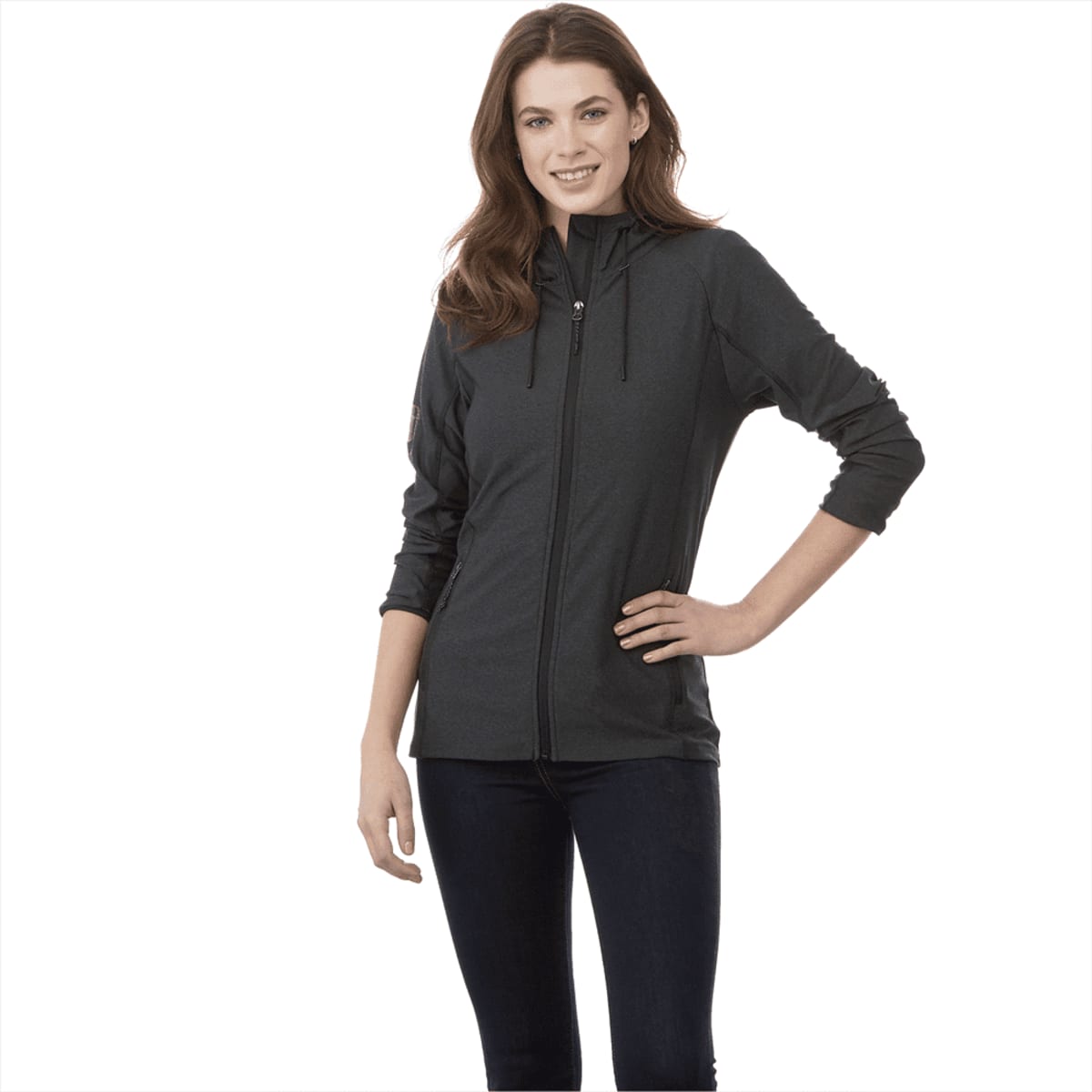 A women's Kaiser Knit Jacket in dark grey, featuring a zip front and a hoodie, styled with fitted sleeves.