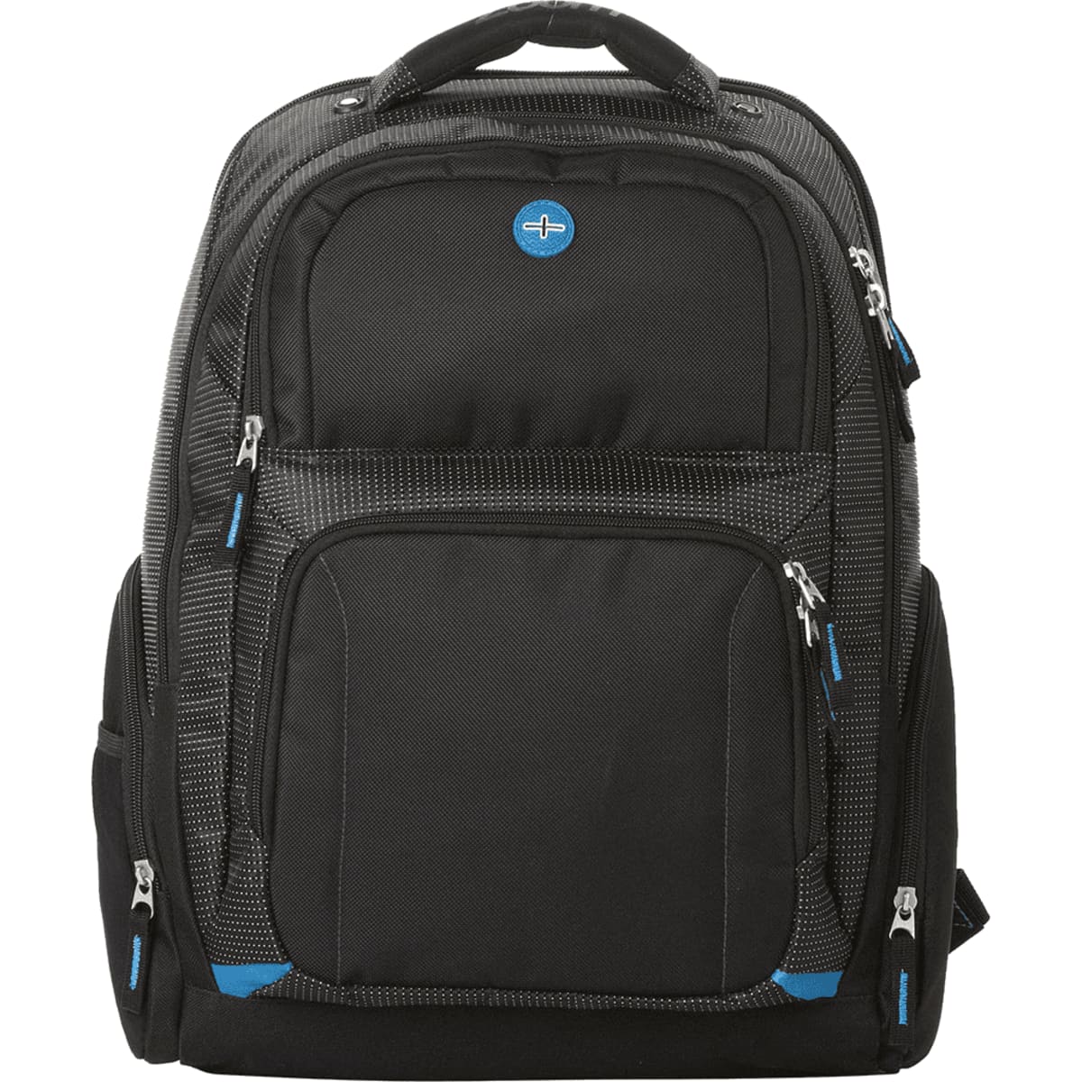 A black backpack with multiple compartments, featuring blue accents and a logo on the front.