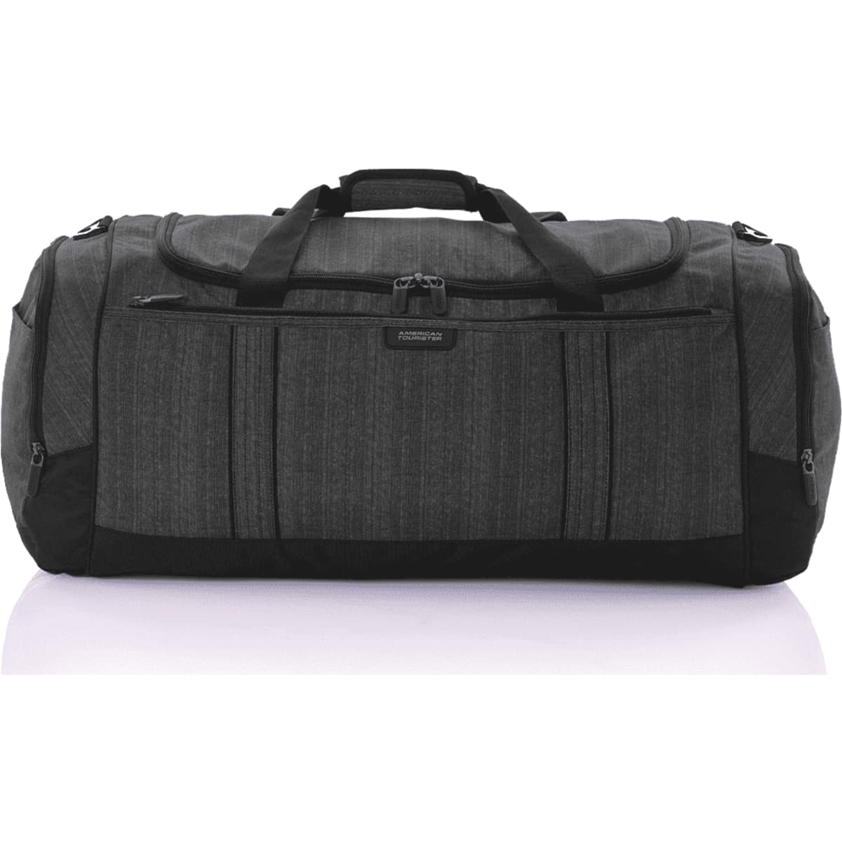 A grey duffle bag with black accents featuring multiple zippered pockets and sturdy handles.