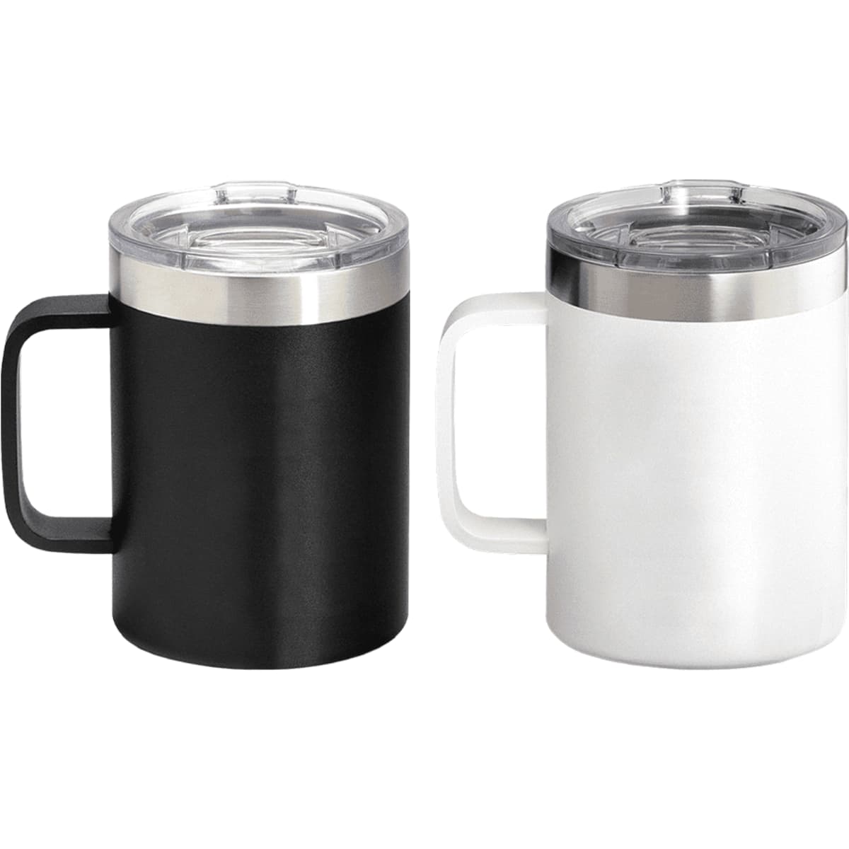 A drink mug set featuring one black and one white mug with stainless steel accents and clear lids.