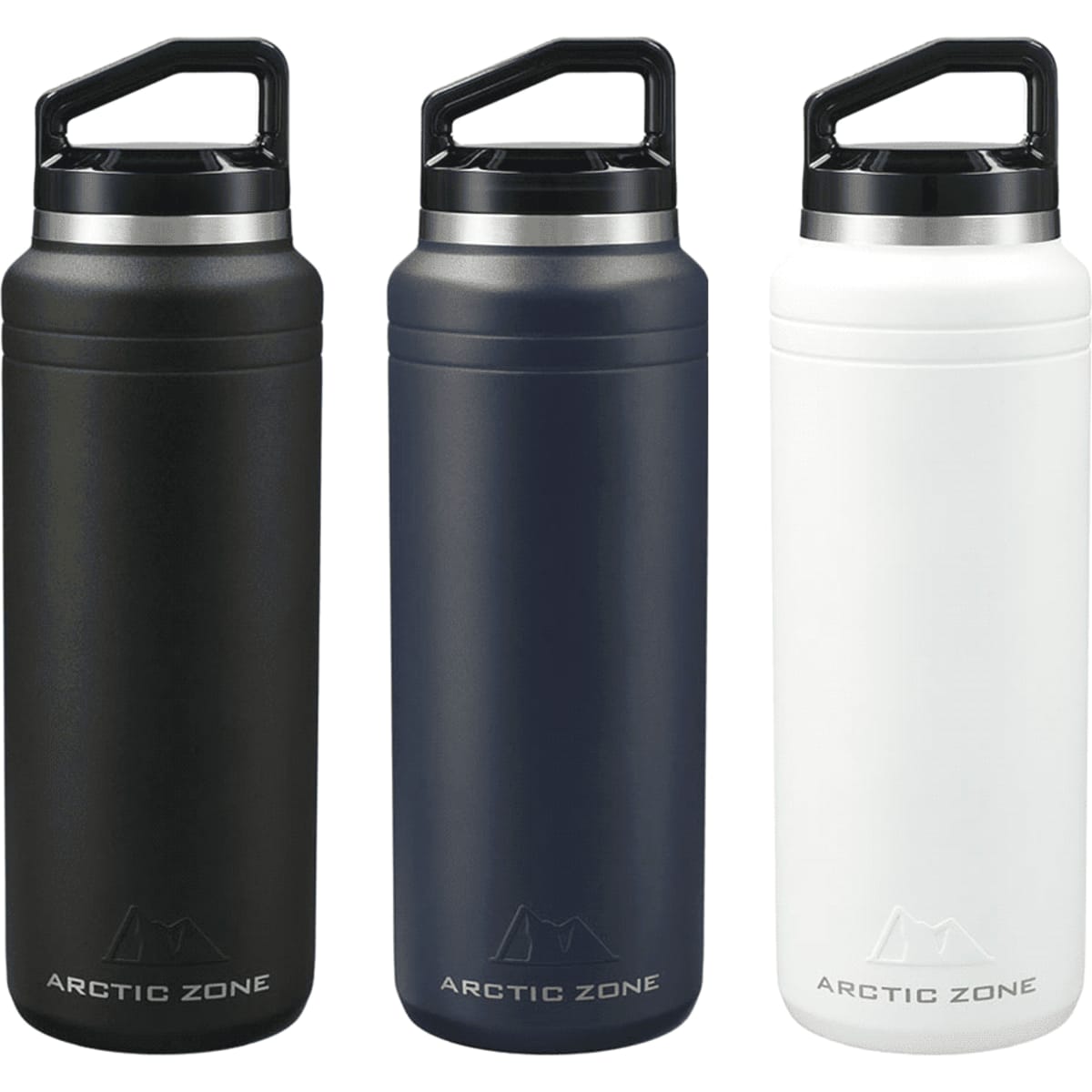 A drink bottle set featuring three colours: black, navy blue, and white, with a handle and branding.