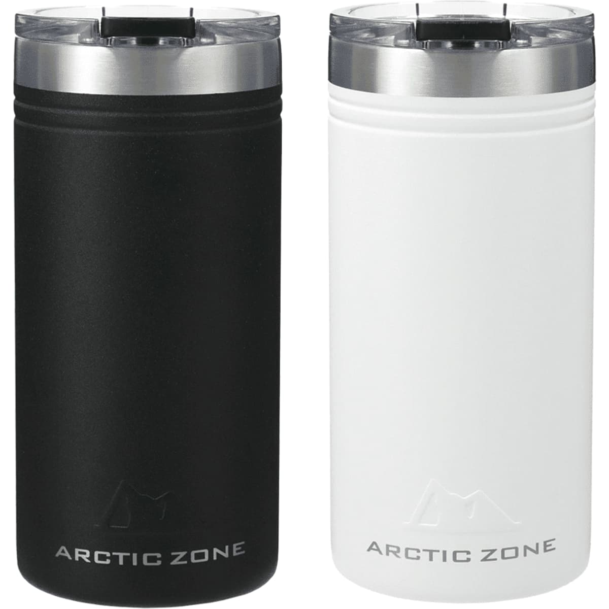 A drink bottle set featuring a black and a white Arctic Zone Titan Thermal HP Slim Cooler with a silver lid.