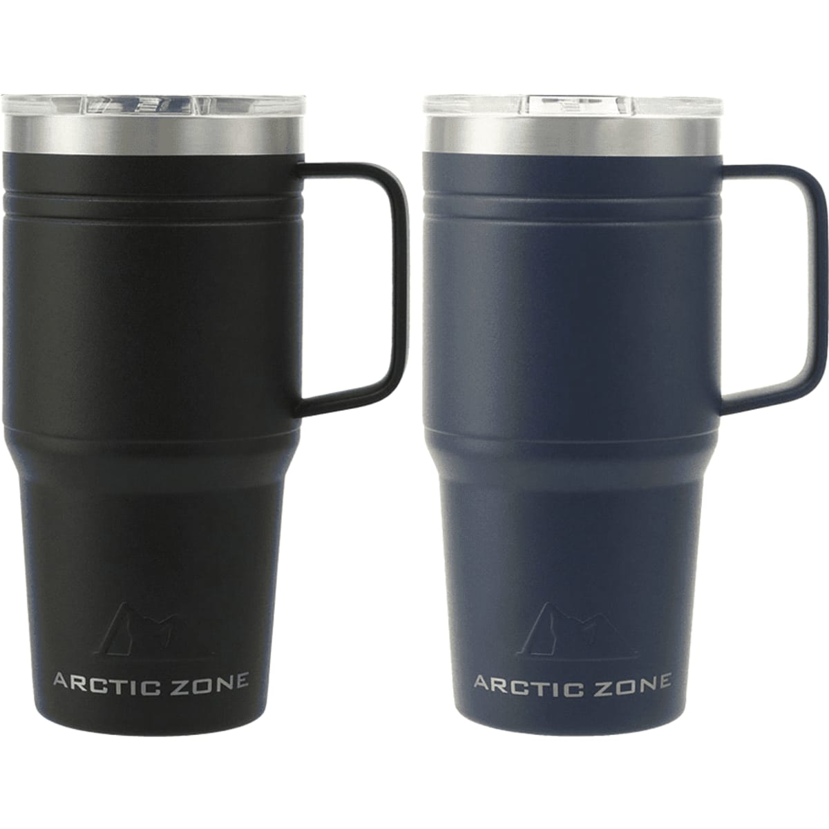 A drink bottle set featuring two mugs in black and navy, with a stainless steel lid and a handle. Each mug has a logo.