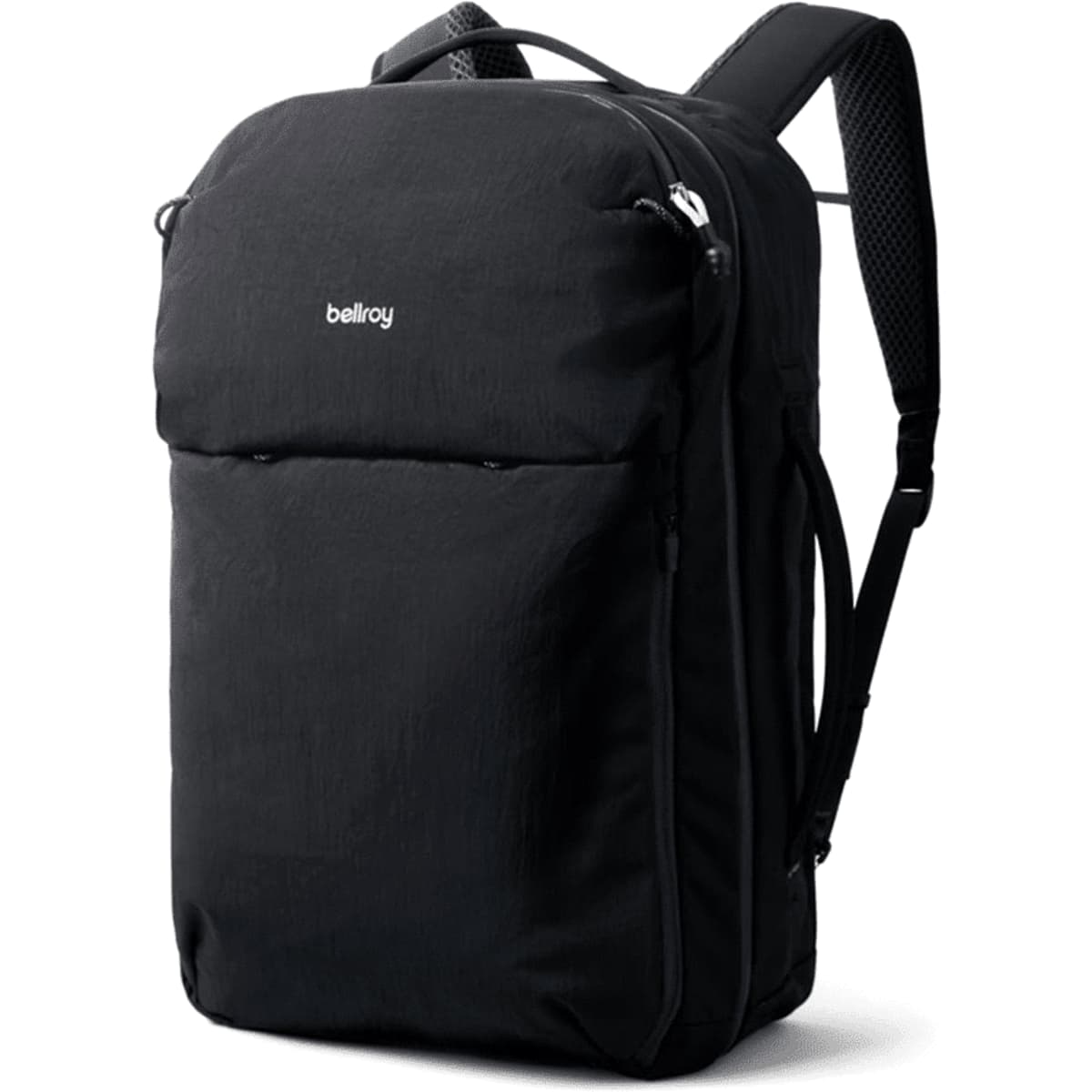 A black backpack with multiple compartments and padded shoulder straps, featuring a logo on the front.