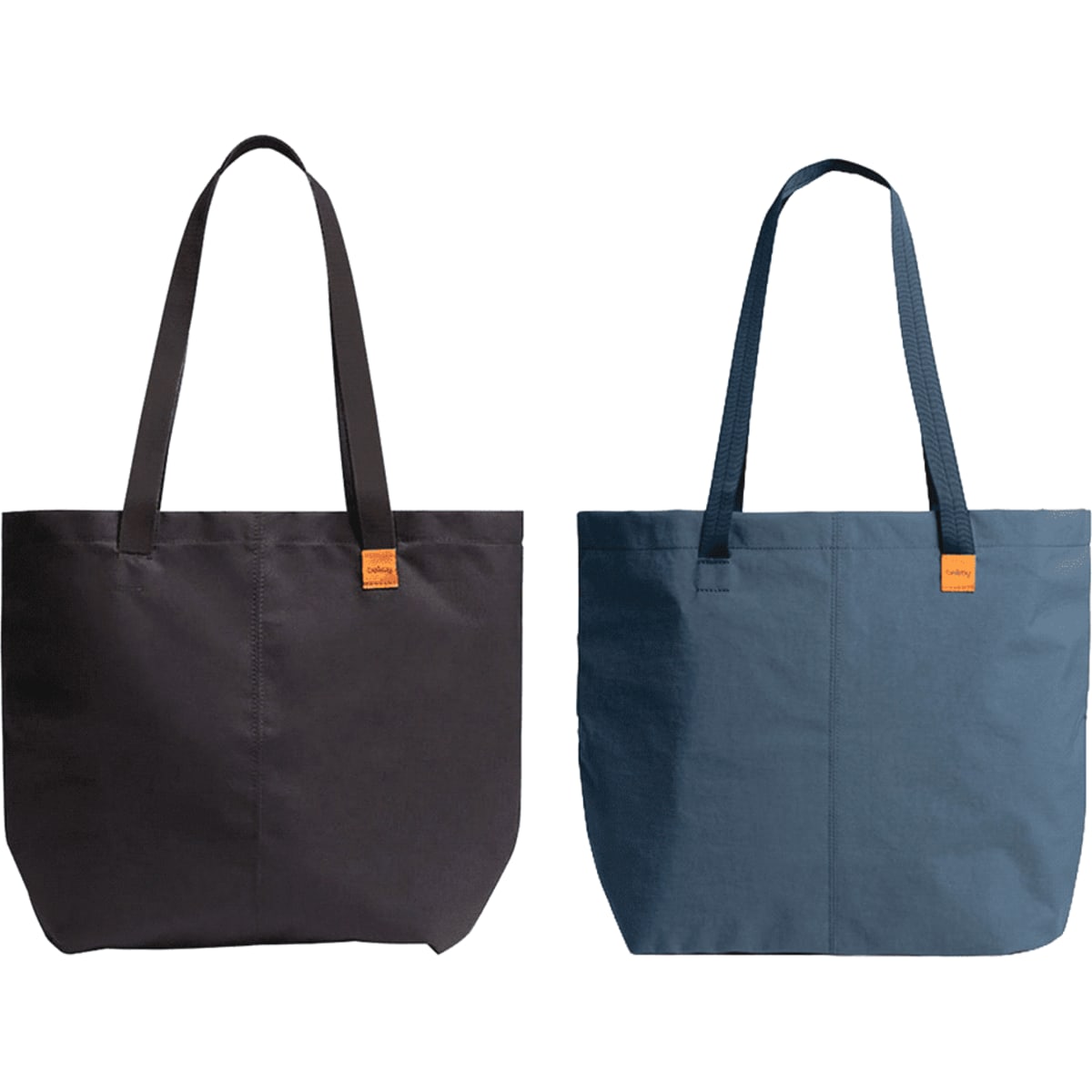 A black and a blue tote bag are displayed side by side, each featuring a small logo.