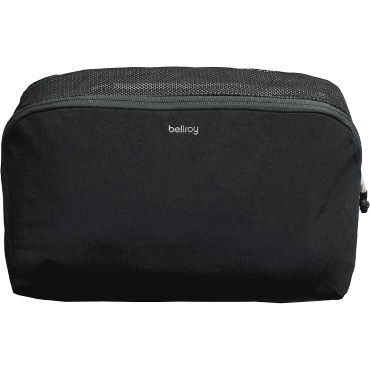 A black packing cube with a mesh top and a logo, designed for organising travel essentials.