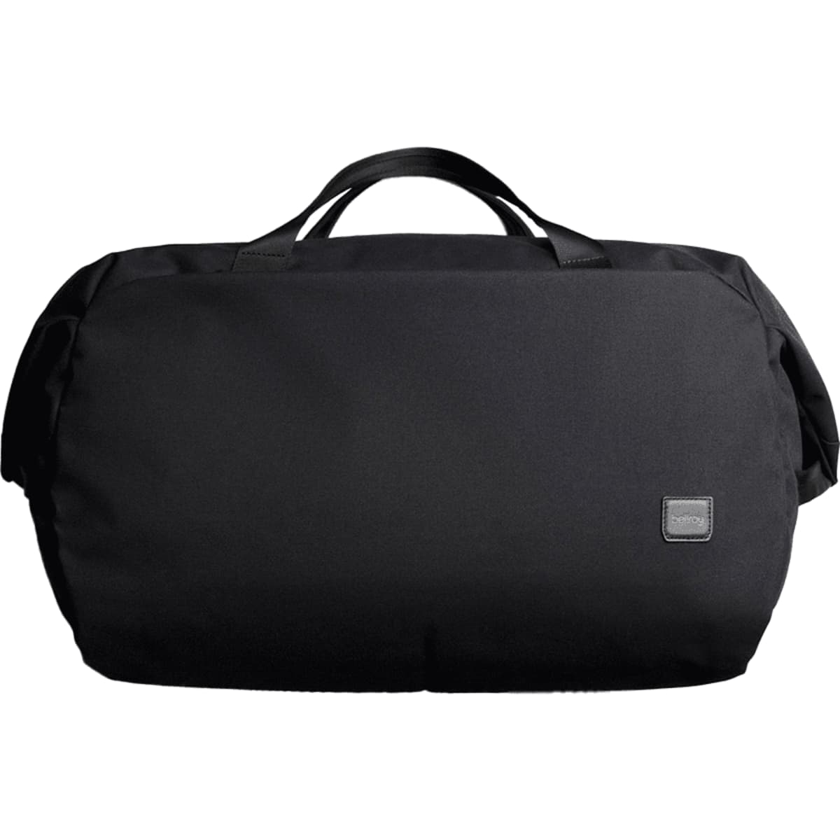 A black duffel bag with a logo and two top handles, designed for versatile travel or storage.