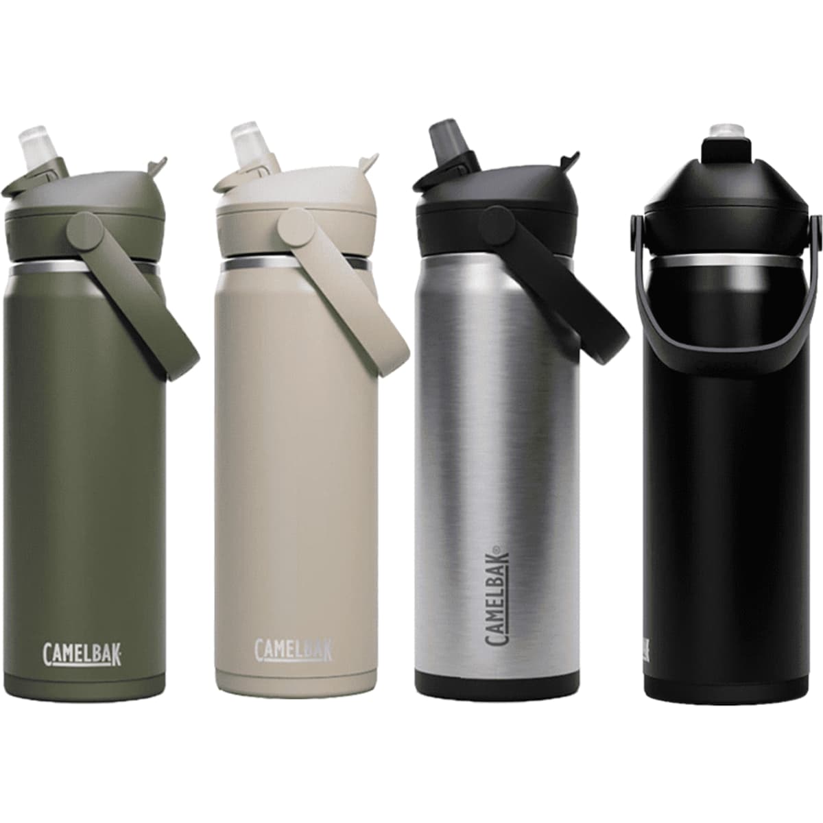 A drink bottle featuring a flip straw design, available in olive green, beige, silver, and black. Includes a logo.