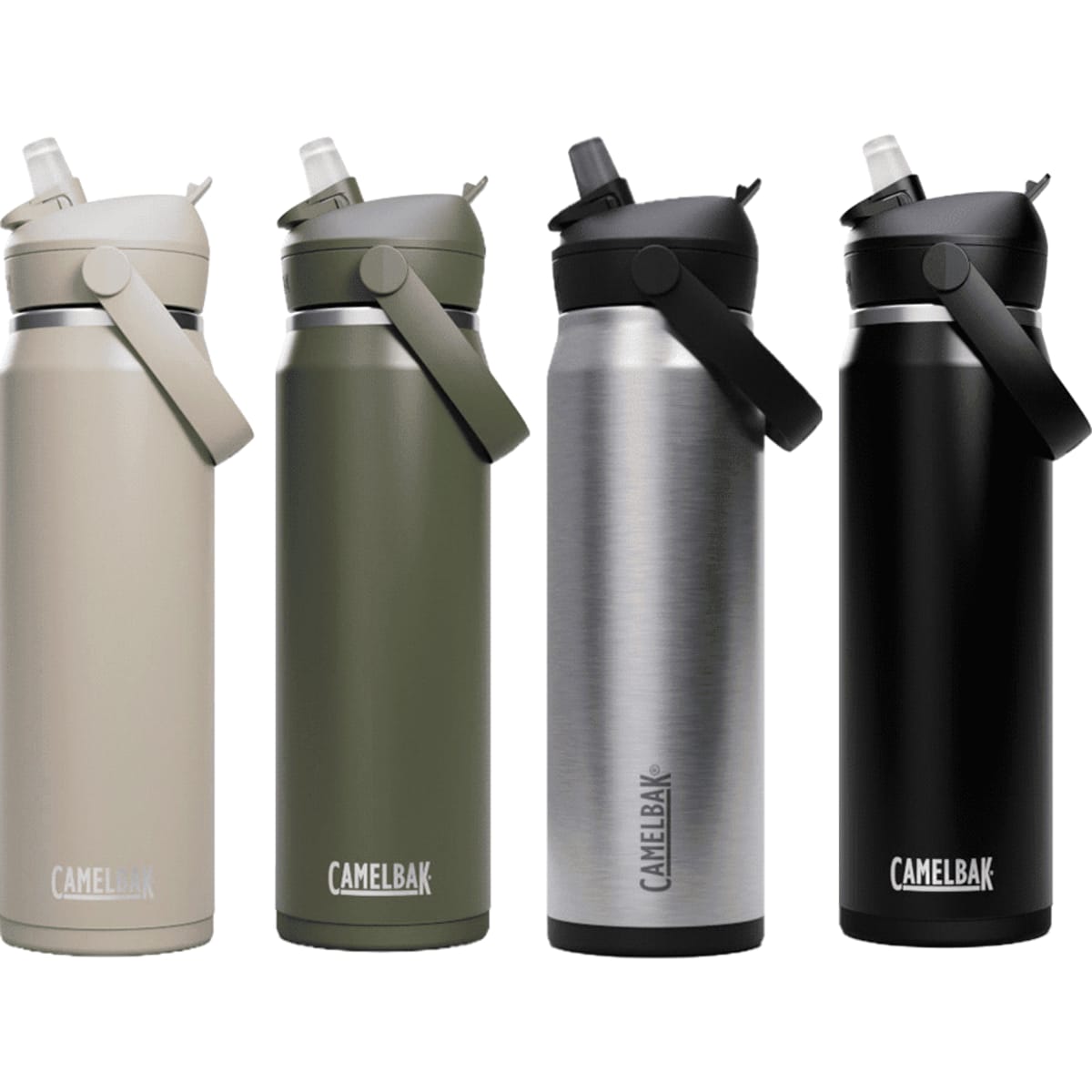 A drink bottle set featuring four variations in beige, olive green, stainless steel, and black, each with a flip straw and branding.