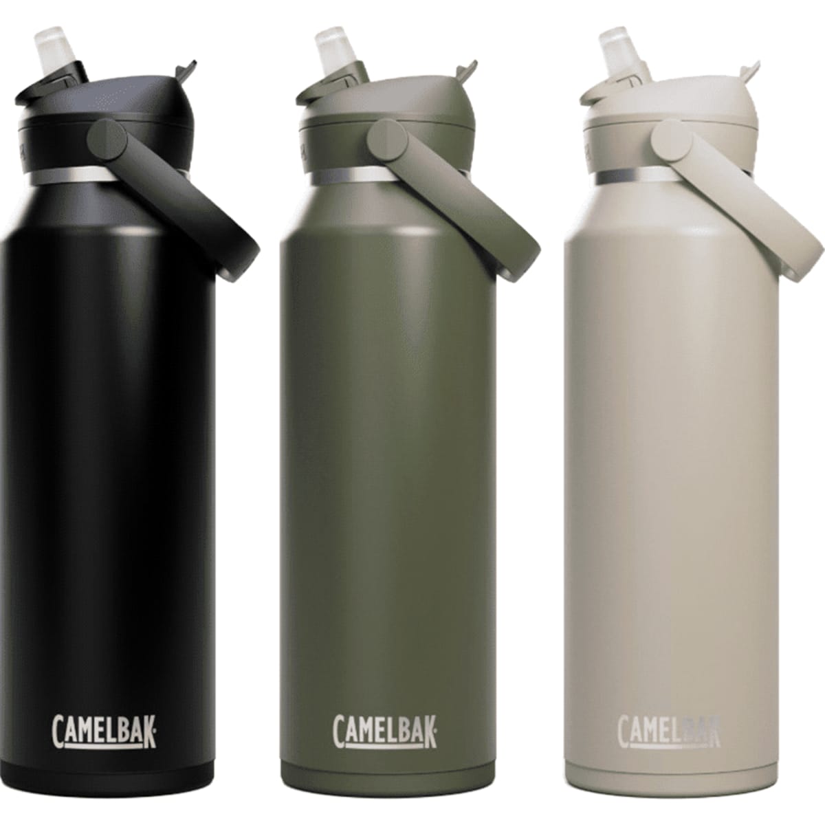 A drink bottle with a flip straw, available in black, olive green, and beige, featuring a logo.