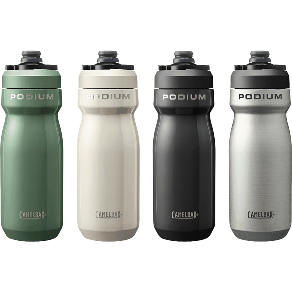 A drink bottle collection featuring insulated stainless steel in green, cream, black, and silver, each with a logo.
