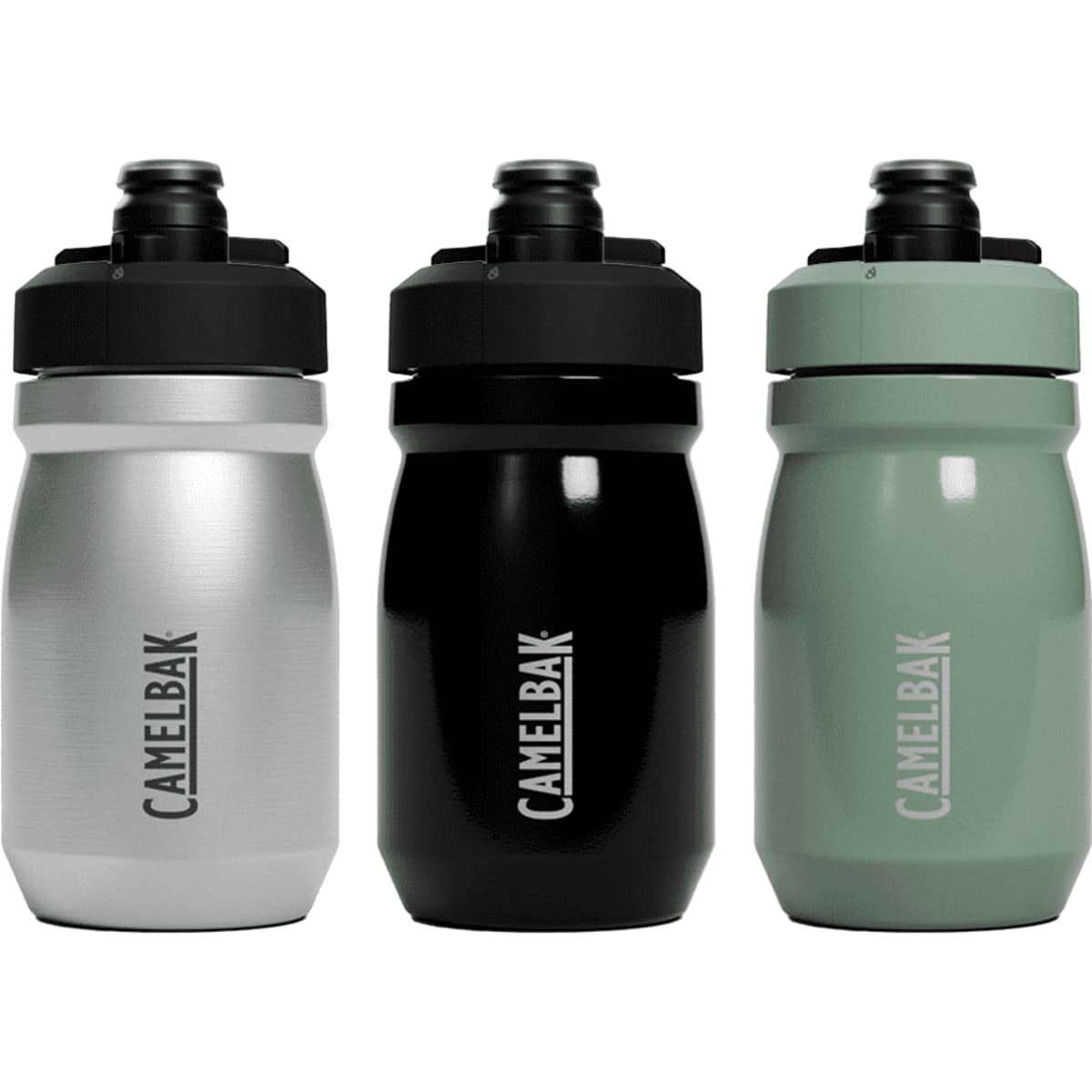 A drink bottle in silver, black, and green with a secure lid and a branding logo.
