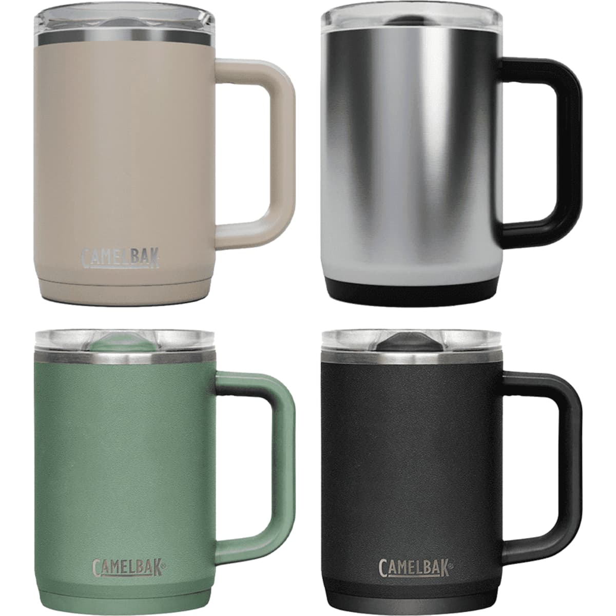 A drink bottle collection featuring a beige, silver, green, and black travel mug, each with a handle and a lid.