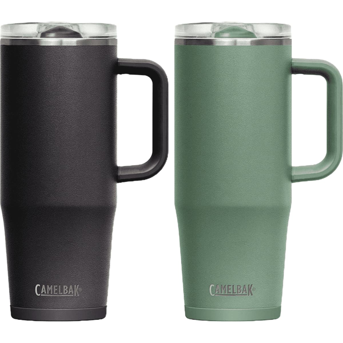 A drink bottle set featuring a black and a green mug with a handle. Each has a lid and branding visible.