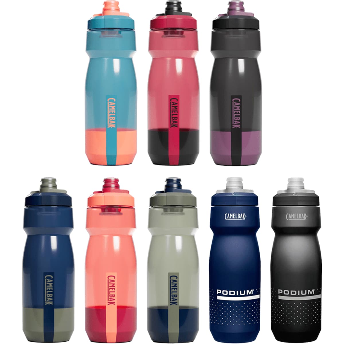 A drink bottle assortment featuring various colours, including blue, pink, grey, and black, with different designs and a logo.